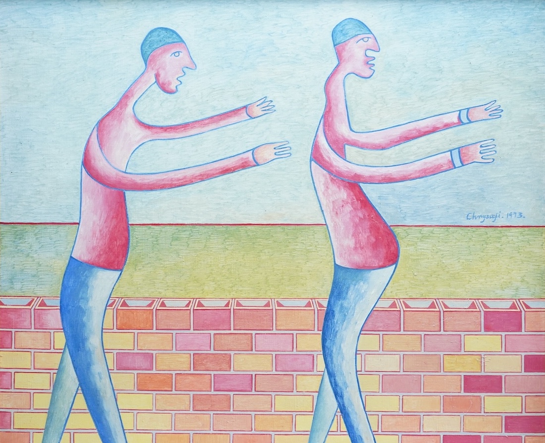 Andrew Chrysafi (b.1938), ‘Lost in Paradise’, signed and dated 1973, mid century oil on canvas, 74 x 89cm
